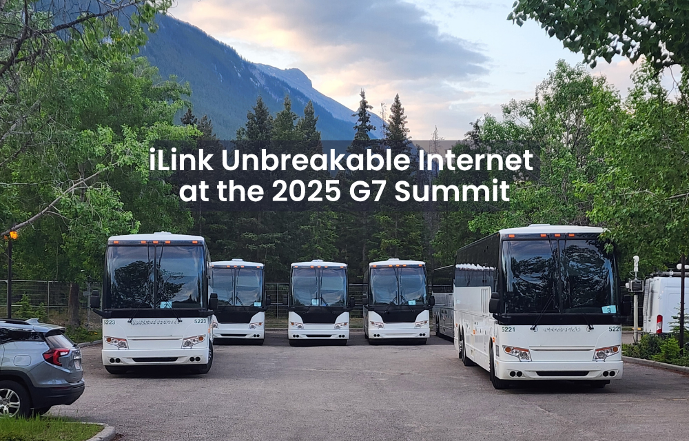Row of media buses equipped with iTel iLink mobile connectivity for the G7 Summit in the Canadian Rockies