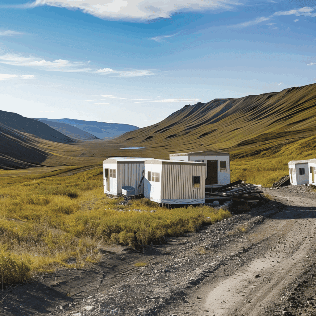 Remote operations site in a remote mountain valley with temporary housing and limited infrastructure.