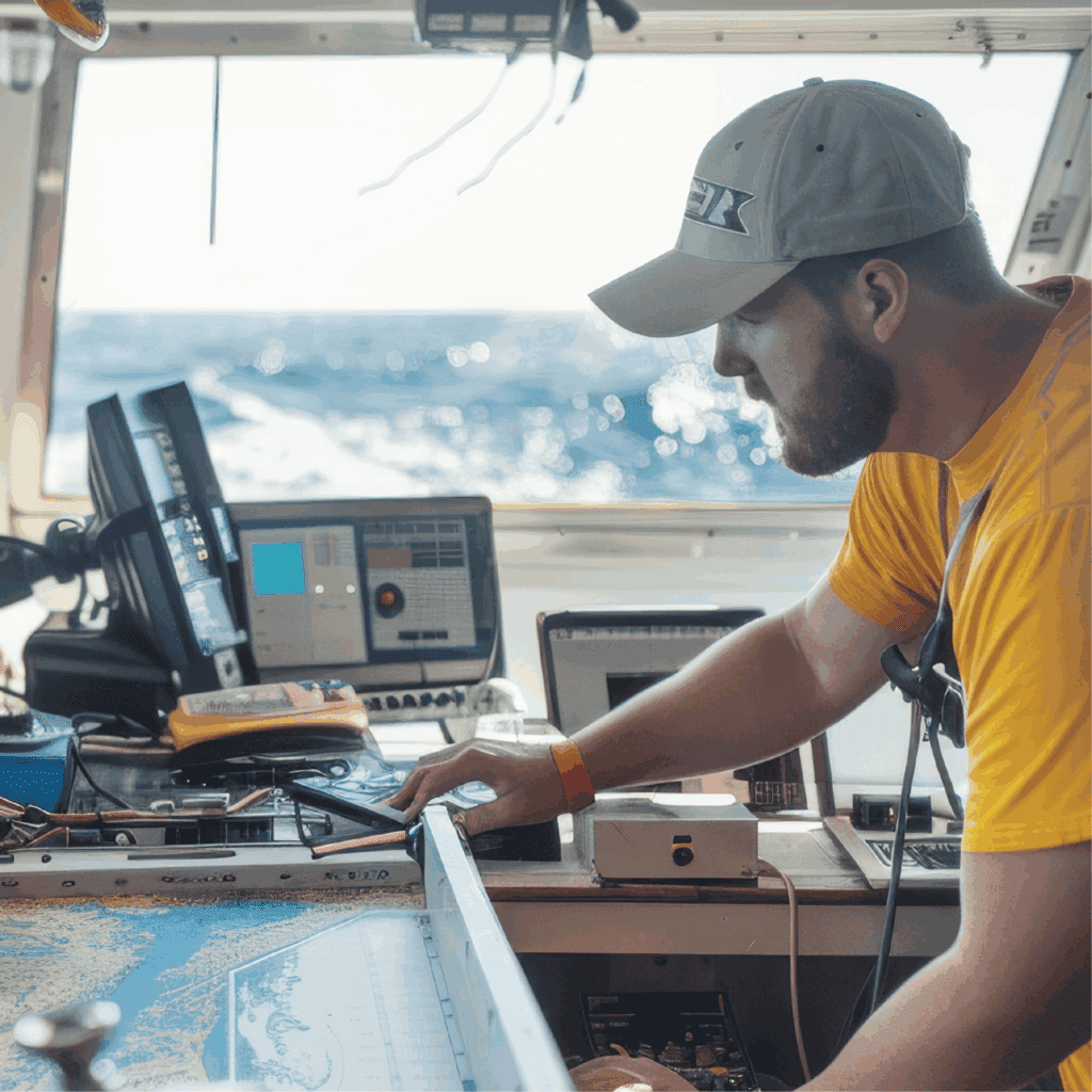 Maritime operator using navigation and communication systems at sea.