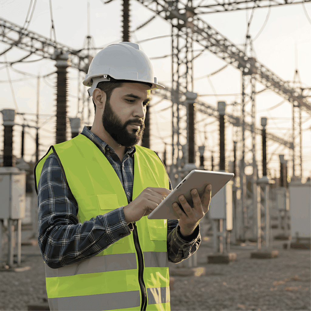 Field engineer using a tablet at an outdoor utility site.