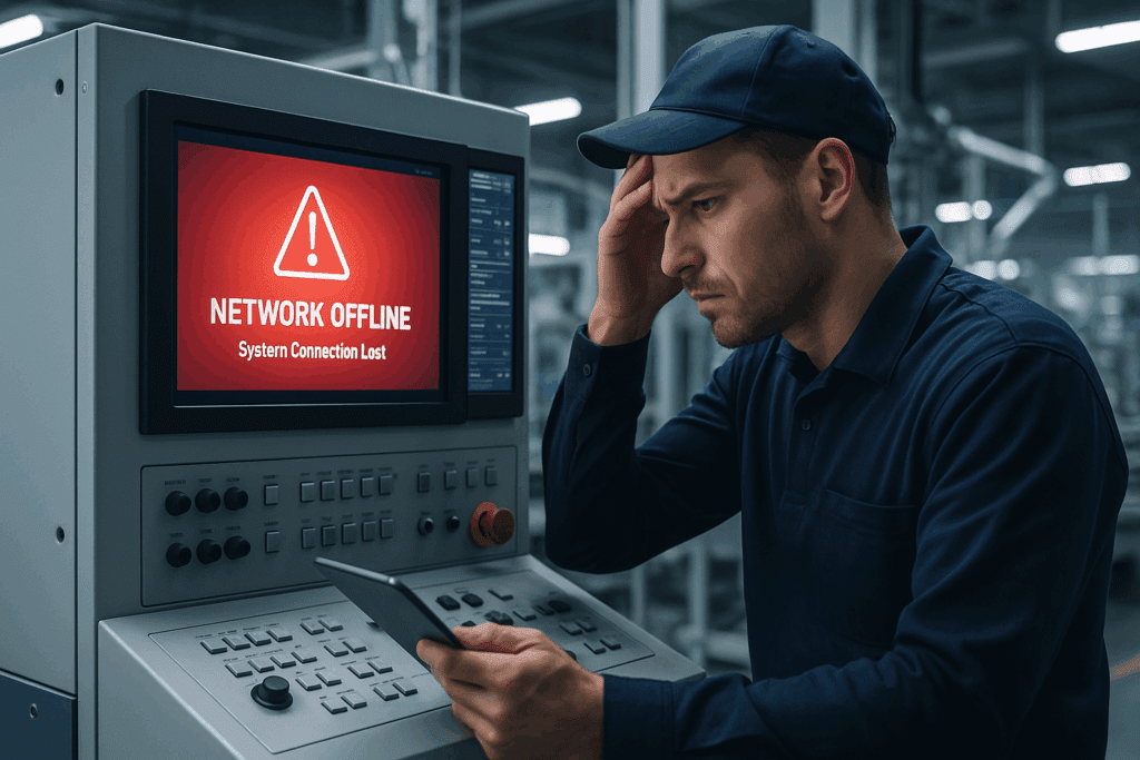 A manufacturing technician looking stressed while staring at a machine screen displaying a “Network Offline – System Connection Lost” error message inside an industrial facility.