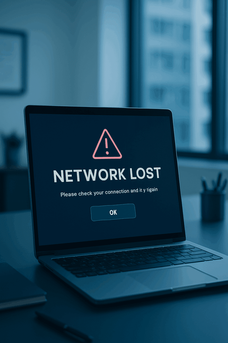 A laptop screen displays a network lost error with a warning icon and message showing system interruption caused by lost connectivity in a professional environment.