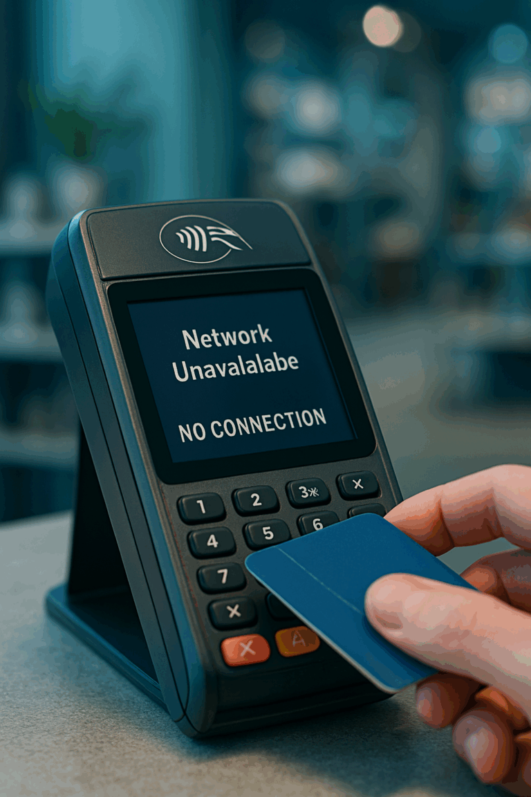 Payment terminal showing network unavailable error while customer attempts a tap payment, illustrating the impact of connectivity outages in retail environments.
