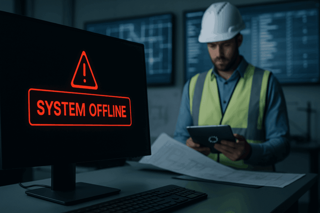 A construction project manager reviews a tablet while a large monitor displays a red “System Offline” warning, highlighting operational downtime risk in construction environments.