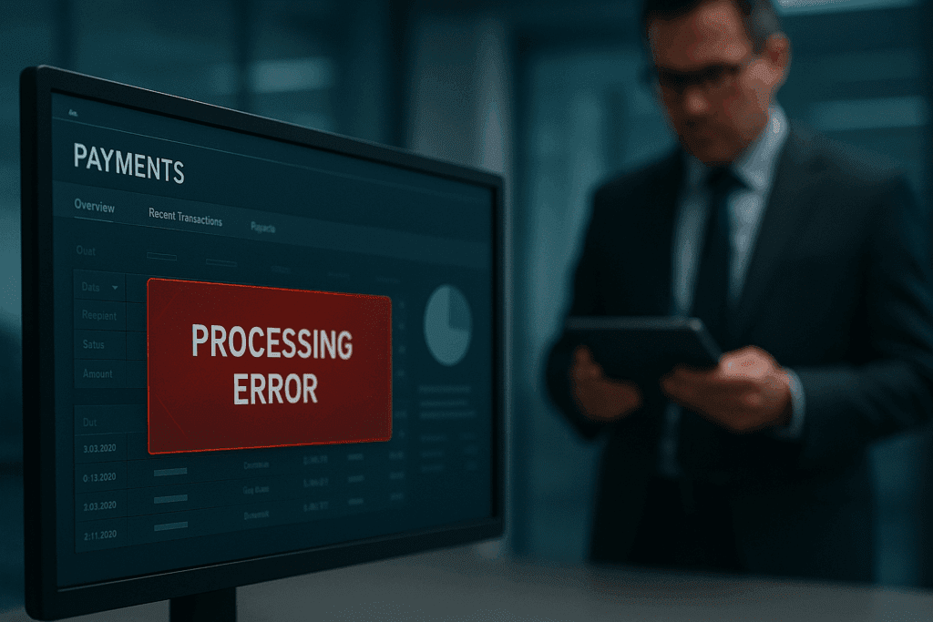 Financial operations dashboard showing a payment processing error with a finance professional reviewing the issue in the background.