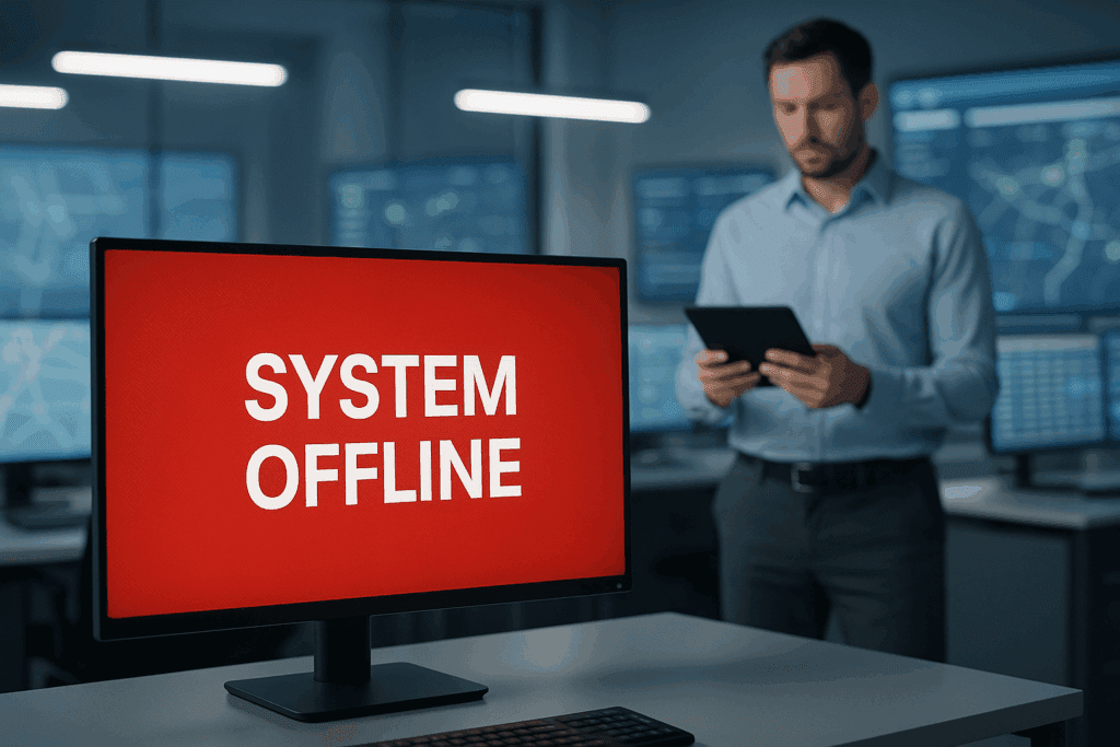 A transportation operations specialist reviews a tablet while a desktop monitor displays a red “System Offline” alert, representing downtime risk in logistics and fleet coordination.